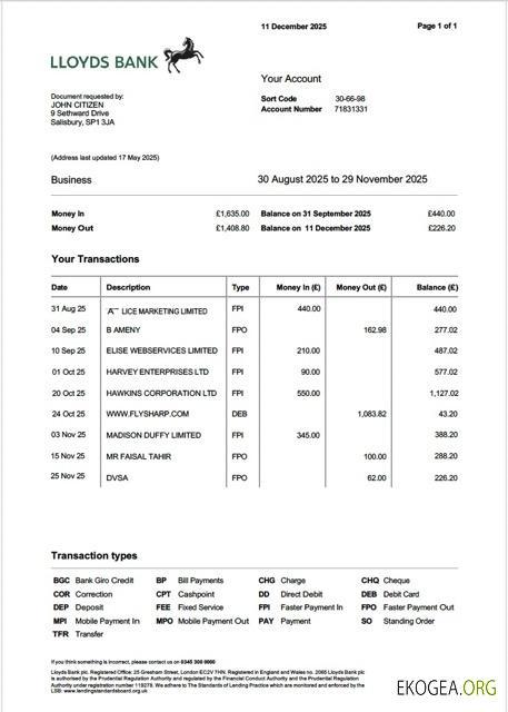 Modèle Word et PDF de relevé de compte de la Lloyds Bank britannique